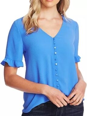 NWOT CeCe Short Ruffle Sleeve Blouse - Blue - Size S - Retail $111